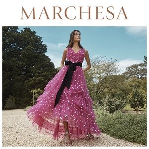 MARCHESA NOTTE Sequin Dot Texture Tea Length Dress